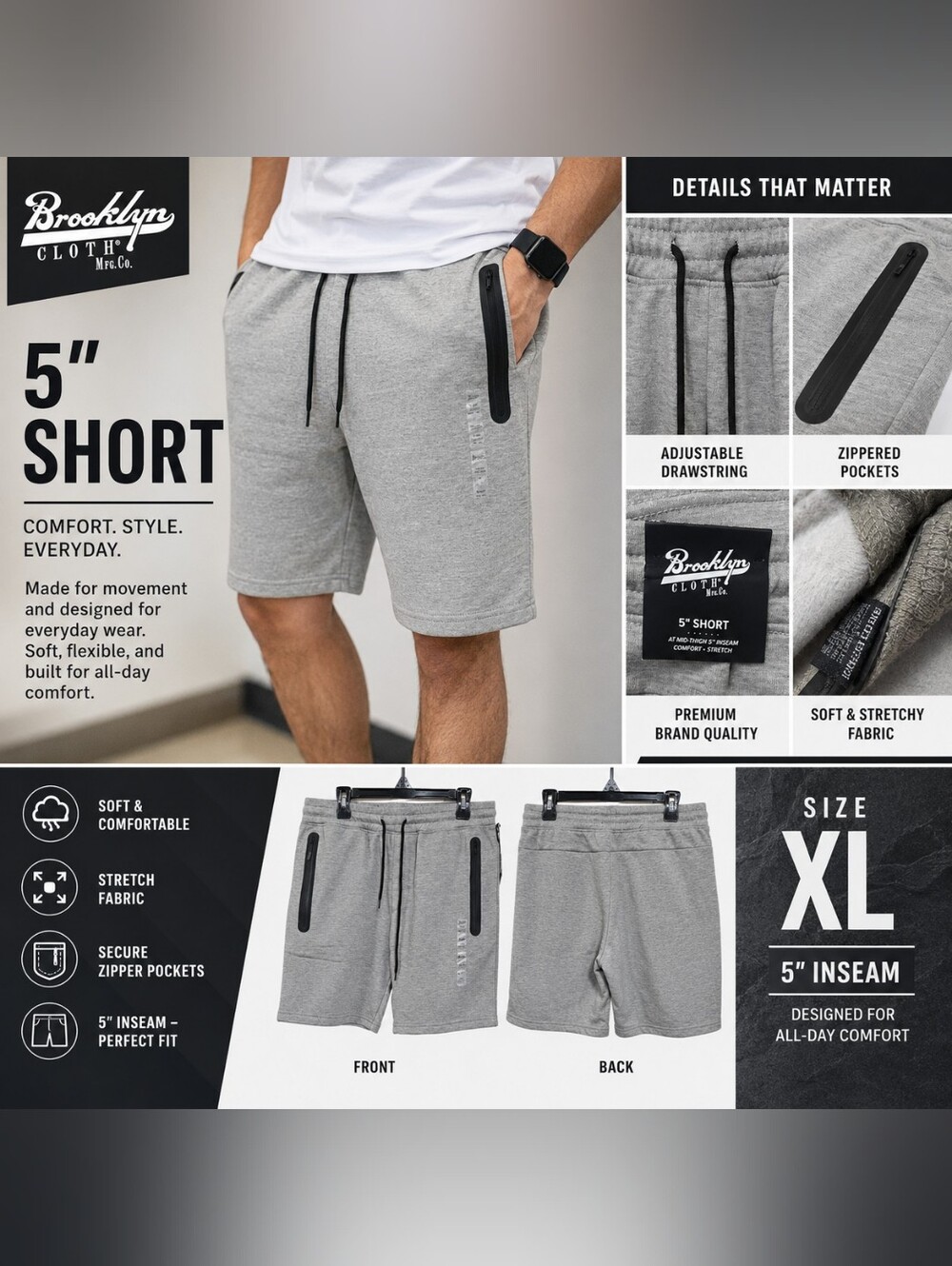 Brooklyn Cloth Men's Gray Athletic 5" Short with Zippered Pockets